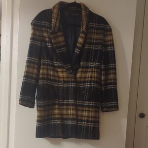 Zara Basic Navy Blue Yellow Check Plaid Wool Blend Coat Size S